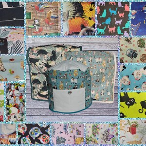 May include: A collage of fabrics with cat patterns, including a teal cat-themed appliance cover with a white pocket and teal trim. Other fabrics feature various cat designs on different backgrounds, such as black, blue, and floral.