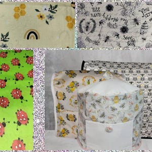 May include: A collection of fabric patterns and kitchen appliance covers. The fabrics feature bee, ladybug, and floral designs in various colors. The appliance covers are white with bee and floral patterns.