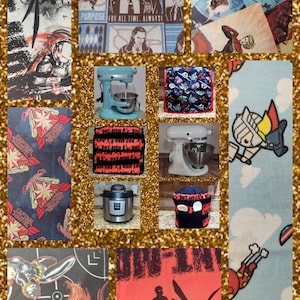 May include: Collage of various fabric designs featuring Marvel characters, including Captain Marvel, Black Widow, and Iron Man. The fabrics are in a variety of colors, including red, blue, black, and gold. The fabrics are arranged in a grid pattern, with each square containing a different design. The fabrics are all printed with high-quality images of the Marvel characters.