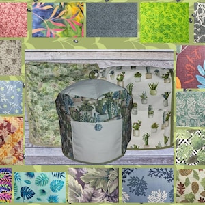 May include: A collection of fabric samples with various botanical and floral patterns. The central focus is a light blue and white appliance cover with a cactus print. Other fabrics feature leaves, flowers, and abstract designs in shades of green, blue, and red.