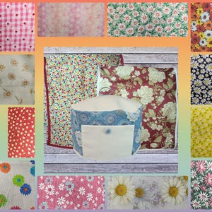 May include: A collection of floral fabric swatches and a cylindrical storage container. The fabrics feature various patterns, including daisies, gingham, and polka dots in colors like pink, red, and yellow. The container is blue with a white pocket.