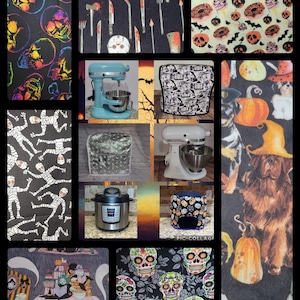 May include: A collage of nine images featuring various Halloween-themed fabric designs. The designs include skulls, mummies, pumpkins, bats, witches, and sugar skulls. The fabrics are all in black and white or black and orange.