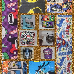May include: A collage of images featuring various superhero-themed kitchen accessories. The collage includes a teal stand mixer with a superhero-themed cover, a purple and green kitchen appliance cover, a black and white Batman-themed kitchen towel, a blue and yellow Superman-themed kitchen towel, and a black and white Wonder Woman-themed kitchen towel.