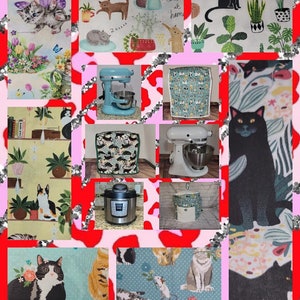 May include: Collage of fabric designs featuring cats, plants, and kitchen appliances. The fabrics feature a variety of colors and patterns, including black, white, blue, green, and red. The fabrics are perfect for crafting projects, such as making pillow covers, tote bags, and quilts.
