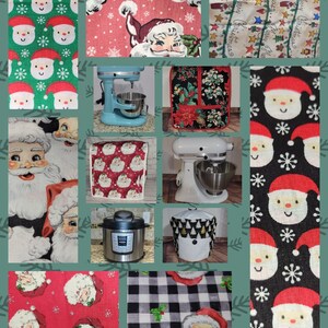 May include: A collage of images featuring various Christmas-themed fabric designs. The designs include Santa Claus, snowflakes, and Christmas trees. The fabrics are in a variety of colors, including red, green, black, and white. The collage also includes images of kitchen appliances, such as a stand mixer and a slow cooker.