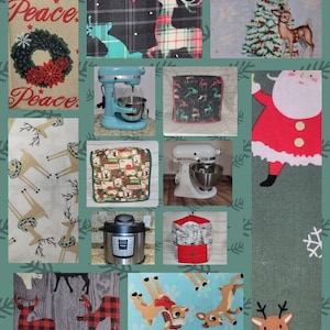 May include: A collage of images featuring various Christmas-themed fabrics, including reindeer, snowflakes, and a Santa Claus design. There are also images of kitchen appliances, such as a stand mixer and a pressure cooker.