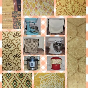 May include: A collage of images featuring various kitchen appliances and fabric patterns. The collage includes a teal stand mixer, a white stand mixer, a pressure cooker, and a variety of fabric swatches with different patterns, including floral, geometric, and paisley.