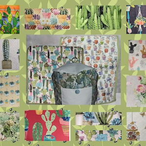 May include: A collage of fabric patterns featuring cacti and succulents. Designs include potted cacti, desert landscapes, and floral arrangements. The color palette includes greens, pinks, and oranges, with a variety of textures and styles.