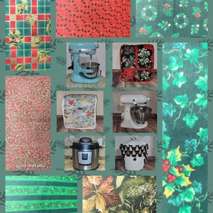 May include: Collage of various Christmas-themed fabrics, including red and green plaid, red with green holly leaves, green with holly wreaths, and green with ivy leaves. Also included are images of kitchen appliances, including a stand mixer, a slow cooker, and a pressure cooker. The text "gold metallic" is visible in the image.