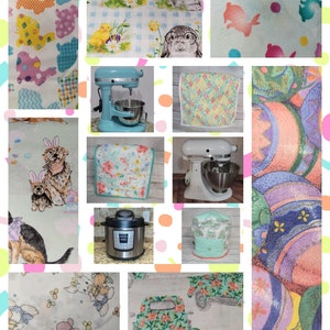 May include: A collage of images featuring various Easter-themed fabrics, including bunny rabbits, eggs, and floral patterns. The collage also includes images of kitchen appliances, such as a stand mixer and a pressure cooker.