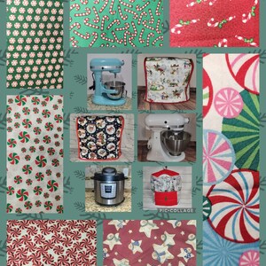 May include: A collage of Christmas-themed fabric designs featuring candy canes, peppermint swirls, and gingerbread men. The designs are shown on various kitchen appliances, including a stand mixer, a slow cooker, and a pressure cooker.