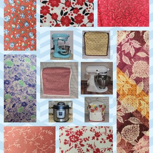 May include: A collage of images featuring various fabric patterns and kitchen appliance covers. The fabrics include floral prints, leaf patterns, and geometric designs in shades of red, blue, green, and brown. The appliance covers are made of fabric and are designed to fit stand mixers and slow cookers.