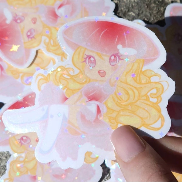 Pink Mycena Mushroom Girl Chibi Sticker