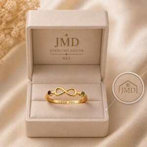 Anillo de plata de ley 925 con piedra natal del infinito, anillo de granate y peridoto, anillo minimalista del infinito, anillo personalizado "Te amo", regalo para mamá, banda delicada