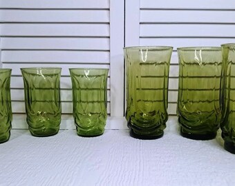 1960's Colonial Tulip Anchor Hocking Avocado Green Drinking Glass Set - three large & three small