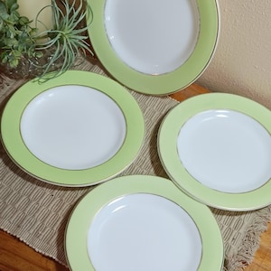 Retro Lime Green Gold Rimmed Pyrex Tableware, Vintage Pyrex, Mid-Century Dishware, Classic Pyrex Pieces, - Set of FOUR Salad Plates 1950&#39;s