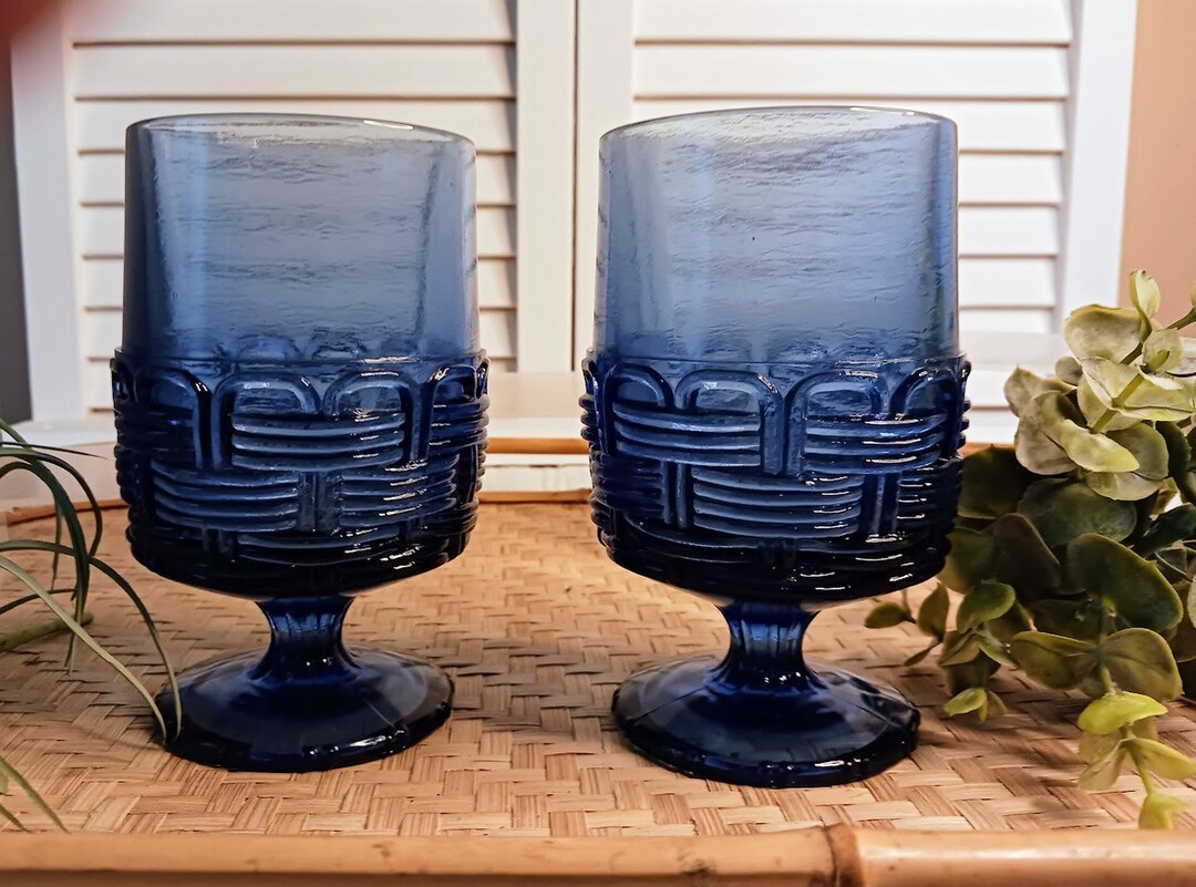 Vintage LE Smith Basket Weave Cobalt Blue Footed Goblet Water Glasses