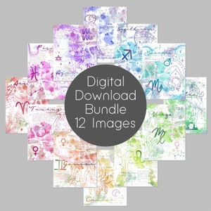 12 Zodiac Digital Papers, Book of Shadows, Printable, dividers, Wall art. Horoscope, Astrology Art, Digital Download.