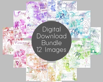 12 Zodiac Digital Papers, Book of Shadows, Printable, dividers, Wall art. Horoscope, Astrology Art, Digital Download.