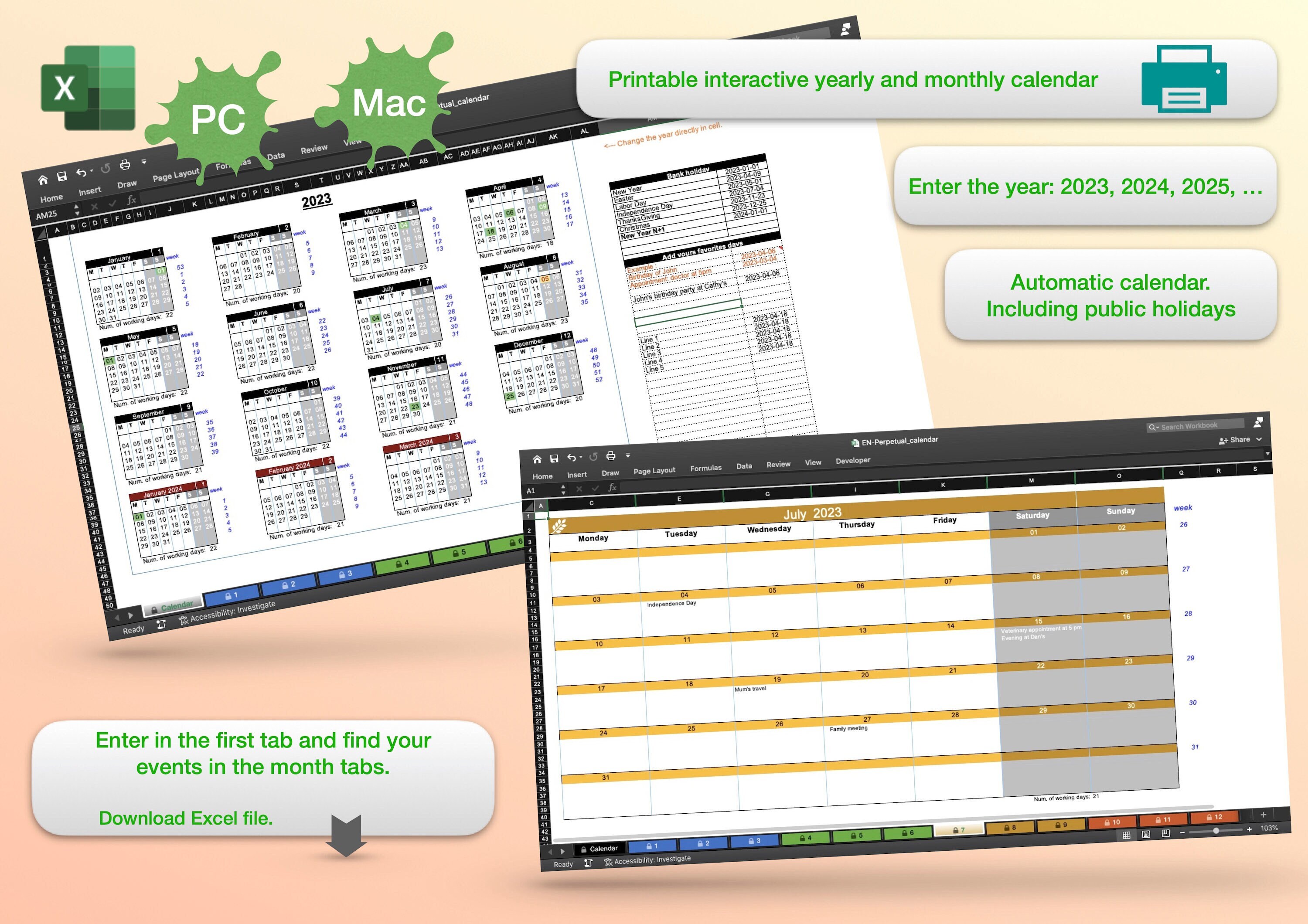 Printable and Customizable Ms-excel Perpetual Calendar, Year and Month. Add  Your Own Events/dates. - Etsy