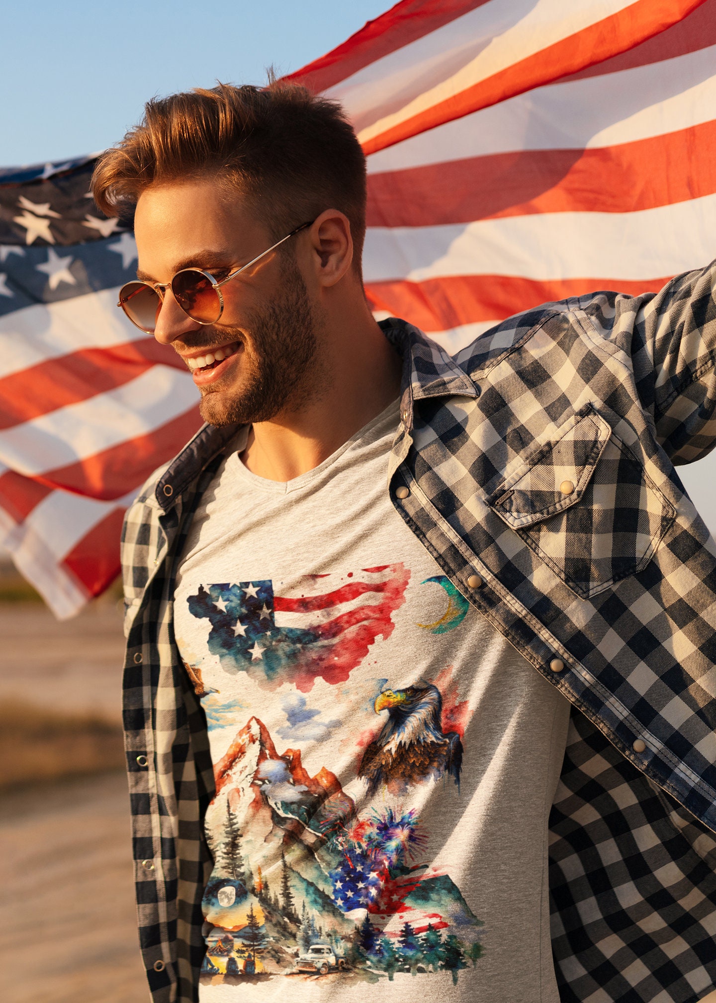 T-Shirt Homme 100% Coton - Drapeau Américain 4 Juillet USA - Neuf Avec étiquettes