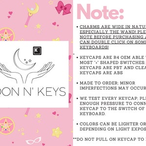 May include: Pink background with cartoon-style illustrations and text. The central image features a crescent moon and stars held in cupped hands, with the text "MOON N' KEYS" below. Additional text provides product details and warnings.