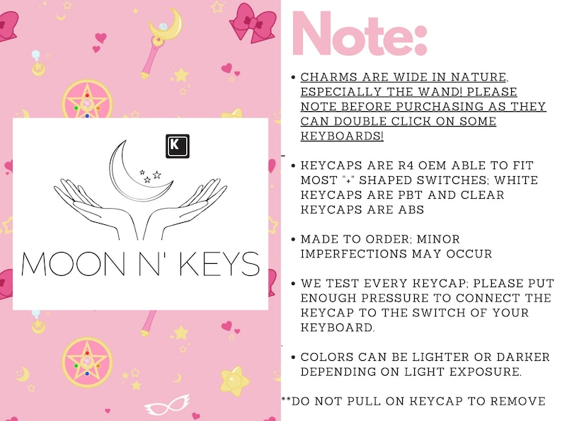 May include: Pink background with cartoon-style illustrations and text. The central image features a crescent moon and stars held in cupped hands, with the text "MOON N' KEYS" below. Additional text provides product details and warnings.