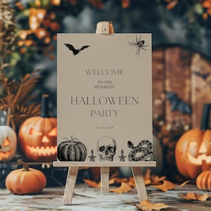 Plantilla de letrero de bienvenida de Halloween vintage, letreros para fiestas de Halloween, fiesta de disfraces de Halloween para adultos antiguos, editable e imprimible, BL52