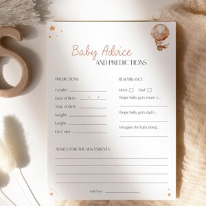 Scheda con previsioni e consigli per il bambino, gioco stampabile per baby shower boho, modificabile con Templett, consigli fai da te per il bambino BL51
