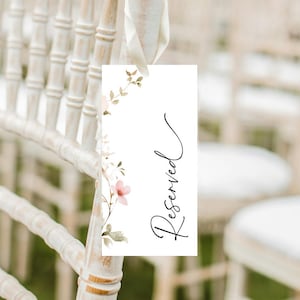 Etiquetas para sillas reservadas, plantilla minimalista de asientos reservados con flores, asientos de fila reservada BL42