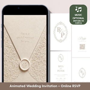 May include: A digital wedding invitation displayed on a smartphone screen featuring a cream-coloured envelope with lace detailing and a wax seal. The screen displays the text this is a special message for you. Additional invitation panels show R&P monograms.