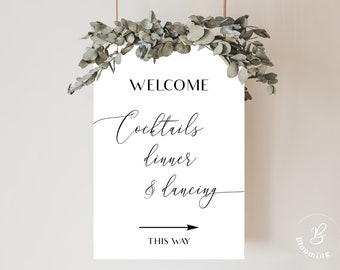 Welcome cocktails, dinner and dancing this way to the party sign template, Direction Arrow Sign, Sign for wedding, Welcome sign, DYI