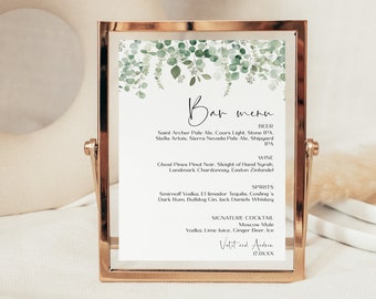 Plantilla de signo de boda de menú de bar, signo de bebidas, vegetación, eucalipto, vegetación de acuarela, signo imprimible, descarga instantánea #BL25