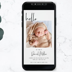 Anuncio de nacimiento electrónico, plantilla con foto, descarga digital, anuncio minimalista de nacimiento de nuevo bebé, tarjeta electrónica
