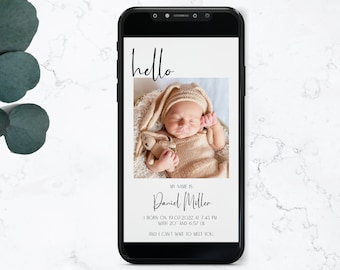 Electronic Birth Announcement, Template with Photo, Digital Download, Minimalist New Baby Born Announcement, eCard