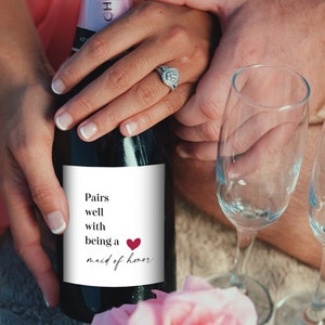 Minimalista combina bien con los deberes de la dama de honor, etiqueta de vino para regalo de propuesta de dama de honor, dama de honor, etiqueta de vino personalizada de boda, plantilla
