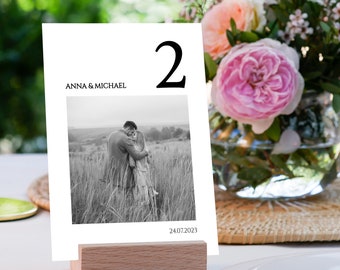 Wedding printable table numbers with photo, Photo table numbers template, Table numbers with pictures, Instant download, Edit with Templett