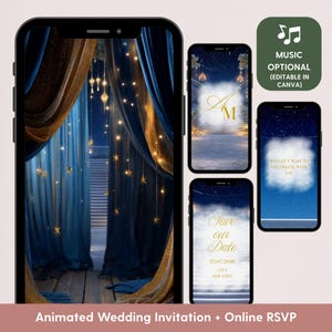 Puede incluir: Invitación de boda animada en smartphones. El diseño presenta un cielo estrellado, detalles dorados y el texto "Save our Date". Pantallas adicionales muestran iniciales y un mensaje. Incluye opción de RSVP en línea.