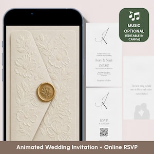 May include: A digital wedding invitation set featuring a smartphone displaying an ivory envelope with embossed floral patterns and a gold wax seal. Beside it are white digital cards with black text, a QR code, and a quote, plus a green music icon.