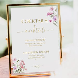 Enseigne modifiable pour boisson signature fleurs sauvages, bébé bohème papillon en fleurs, modèle de menu floral bar rose, cocktail et sans alcool, BL64