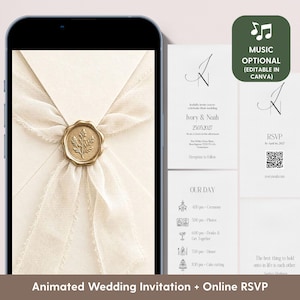 May include: A smartphone displaying an animated wedding invitation with a cream envelope, sheer ribbon, and gold wax seal featuring a leaf design. Beside it are digital cards showing wedding details, a schedule, RSVP info, and a QR code.