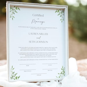 Greenery Heiratsurkunde Vorlage, Benutzerdefinierte Heiratsurkunde, druckbare minimalistische Hochzeitsurkunde, BL50
