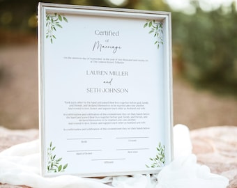 Plantilla de certificado de matrimonio con vegetación, certificado de matrimonio personalizado, certificado de matrimonio minimalista imprimible, BL50