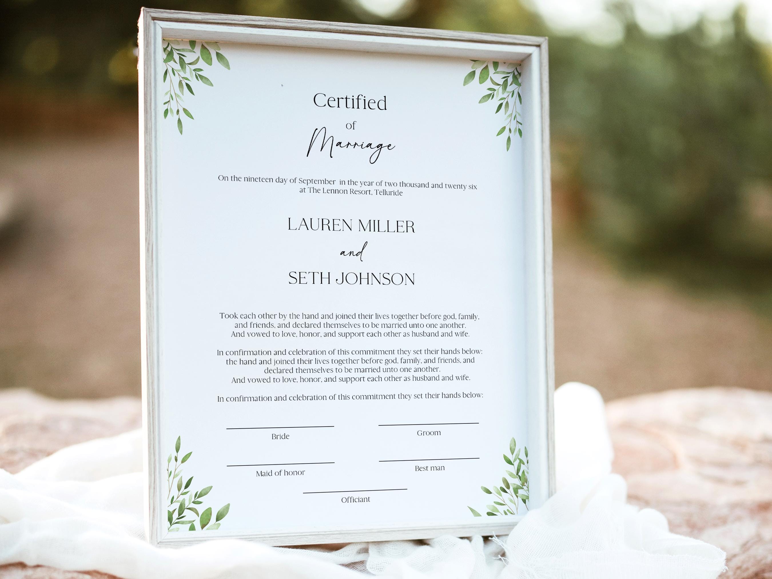 Greenery Marriage Certificate Template, Custom Certificate Of Marriage, Printable Minimalist Wedding Certificate, BL50
