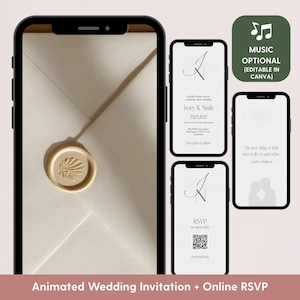 May include: A digital wedding invitation design displayed on smartphones. The design features a cream-coloured envelope with a gold wax seal, and additional screens with wedding details and RSVP information. The text includes "Ivory & Noah" and "RSVP".