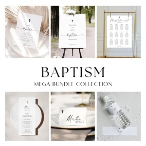 May include: A set of printable baptism party decorations in black and white with a simple cross design. The set includes a welcome sign, a seating chart, a menu, a place card, and a water bottle label. The text on the signs reads "Welcome to Jack's Baptism Celebration" and "Please take a seat". The menu includes the text "Menu" and "Dessert". The place card reads "Martha Avery". The water bottle label reads "Jack's Baptism".