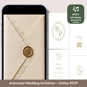 Könnte beinhalten: Ein Smartphone zeigt eine animierte Hochzeitseinladung mit einem cremefarbenen Umschlag, Spitzenbesatz und einem goldenen Wachssiegel. Daneben zeigen digitale Einladungskarten goldene Schrift, ovale Rahmen und einen QR-Code.