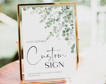 Eukalyptus Kalligraphie benutzerdefinierte Zeichenvorlage, minimalistisches Hochzeitsschild zum Ausdrucken, anpassbare Hochzeitsbeschilderung, DIY-Hochzeit #BL25