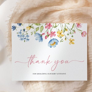 Modèle de carte de remerciement floral bébé en fleurs, carte de shower de bébé fleurs sauvages, cartes de douche florales imprimables, modèle modifiable BL44