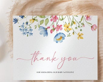 Baby in Bloom Floral Thank You Card Template, Wildflower Baby Shower Card, Printable Floral Shower Cards, Editable Template BL44